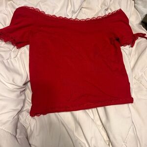 Elegant Red Off-Shoulder Lace Trim Top